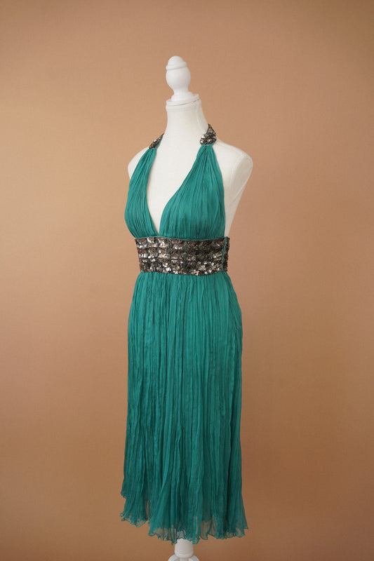 Roberto Cavalli Silk 2007 Dress — Full front view of the teal halterneck dress