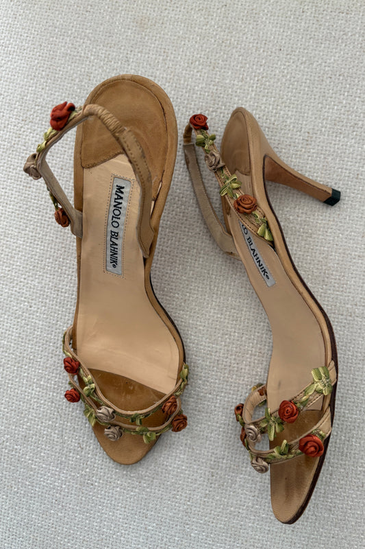 Vintage Manolo Blahnik Floral Appliqué Heels (37.5)