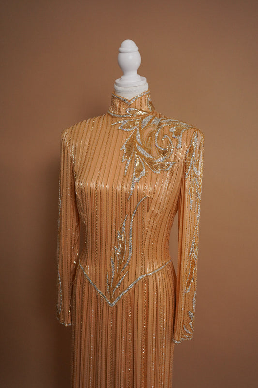 1980's Vintage Beaded Bob Mackie Gown — Front view of the embellished high neckline and bodice