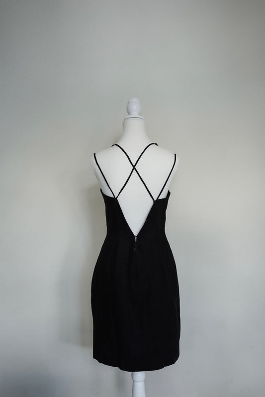 Bill Blass Strappy Dress — Back view showing crossed straps and a low V back