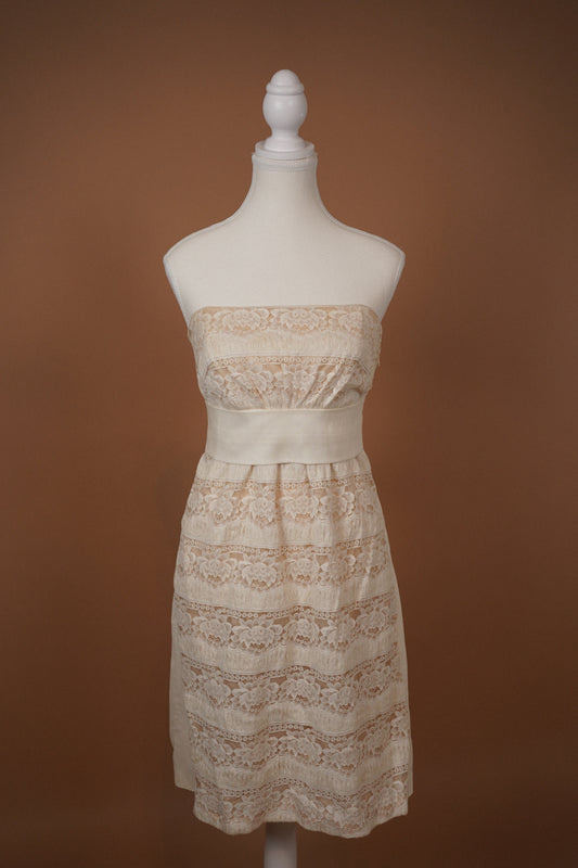 La Perla “Alice” Strapless Lace & Silk Bow Dress — Full front view of the strapless lace dress
