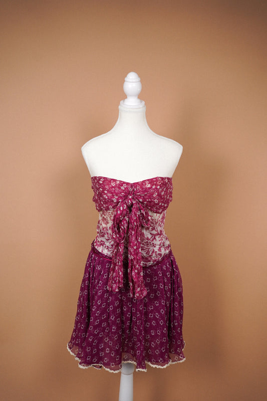D&G Dolce & Gabbana Silk Floral Mini Dress — Full front view of the pink floral strapless dress