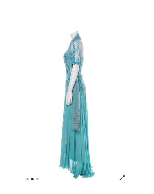 Tony Ward Turquoise Evening Gown and Scarf — Side view showing the sheer embellished upper layer