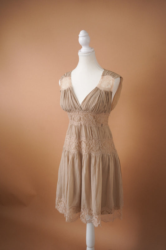 Galliano Nude Lace Mini Dress (M)