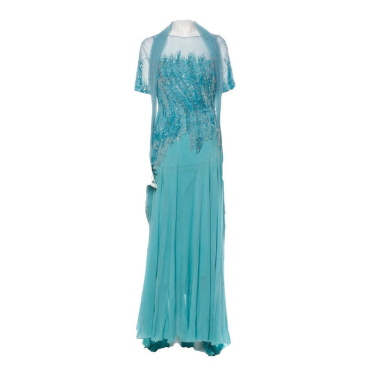 Light blue dress with lace details on a white background