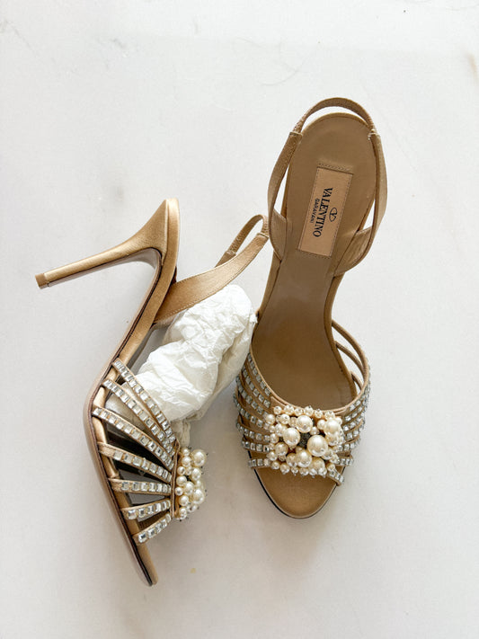 Valentino Garavani Beige Pearl & Crystal Slingback Heels (39) — Angled view of the beige pearl-embellished heels
