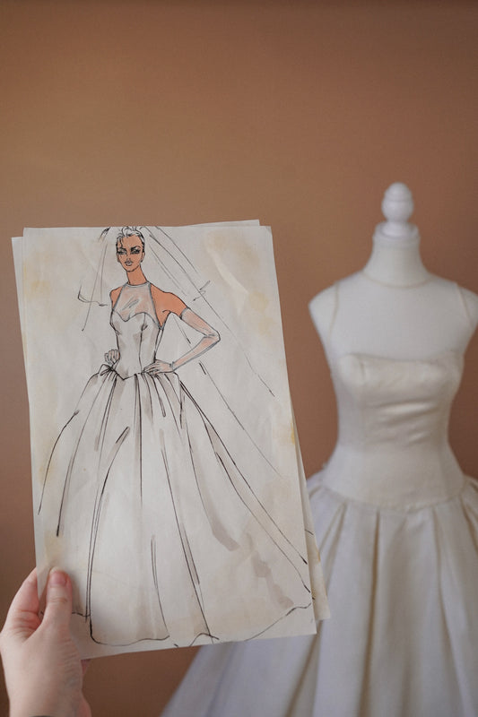 Vintage Custom 90’s Vera Wang - Originals Drawings & Veils — Dress beside an illustrated design reference