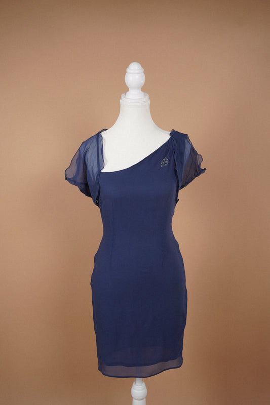 Blumarine by Anna Molinari Set — Front view of the navy dress with sheer shoulder wrap