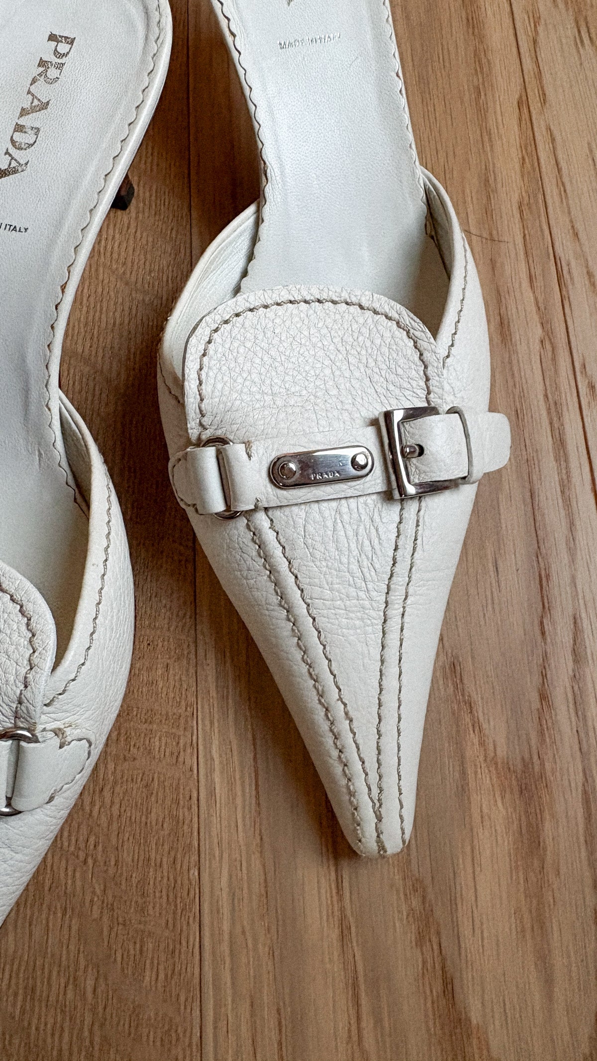 Prada White Leather Buckle Mules (39.5)