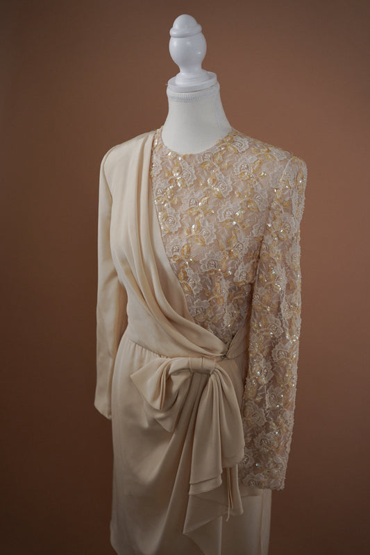 Vintage Carolina Herrera Dress — Angled view showing the beaded panel and waist drape