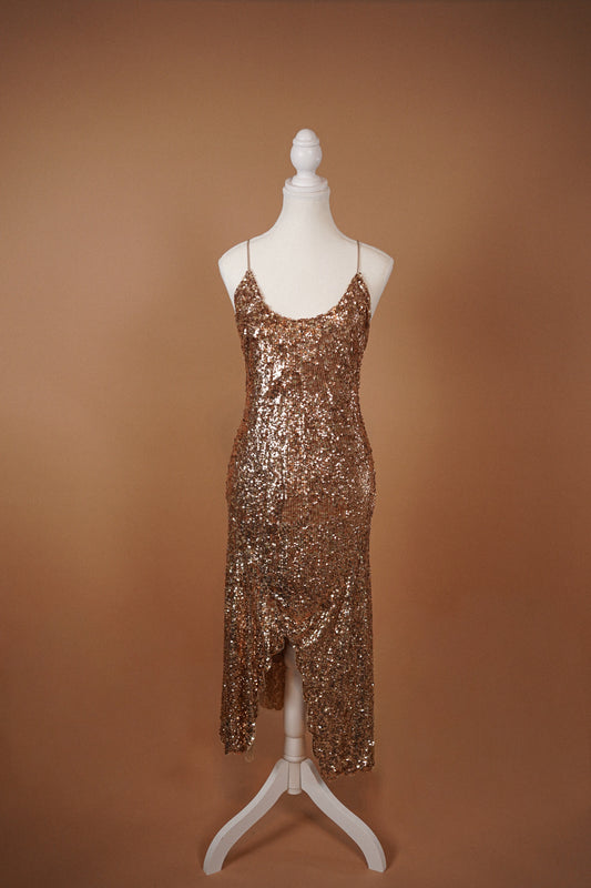 Blumarine Sequin Dress — Full front view of the gold sequin dress