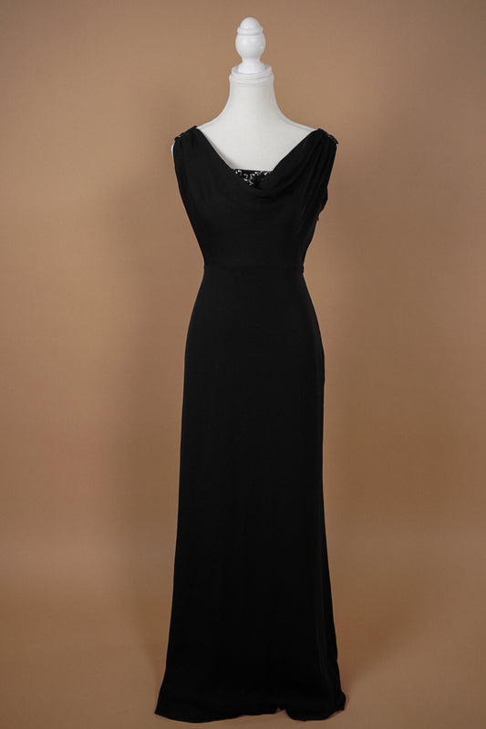 Valentino Roma Beaded Evening Gown — Full front view of the black draped gown