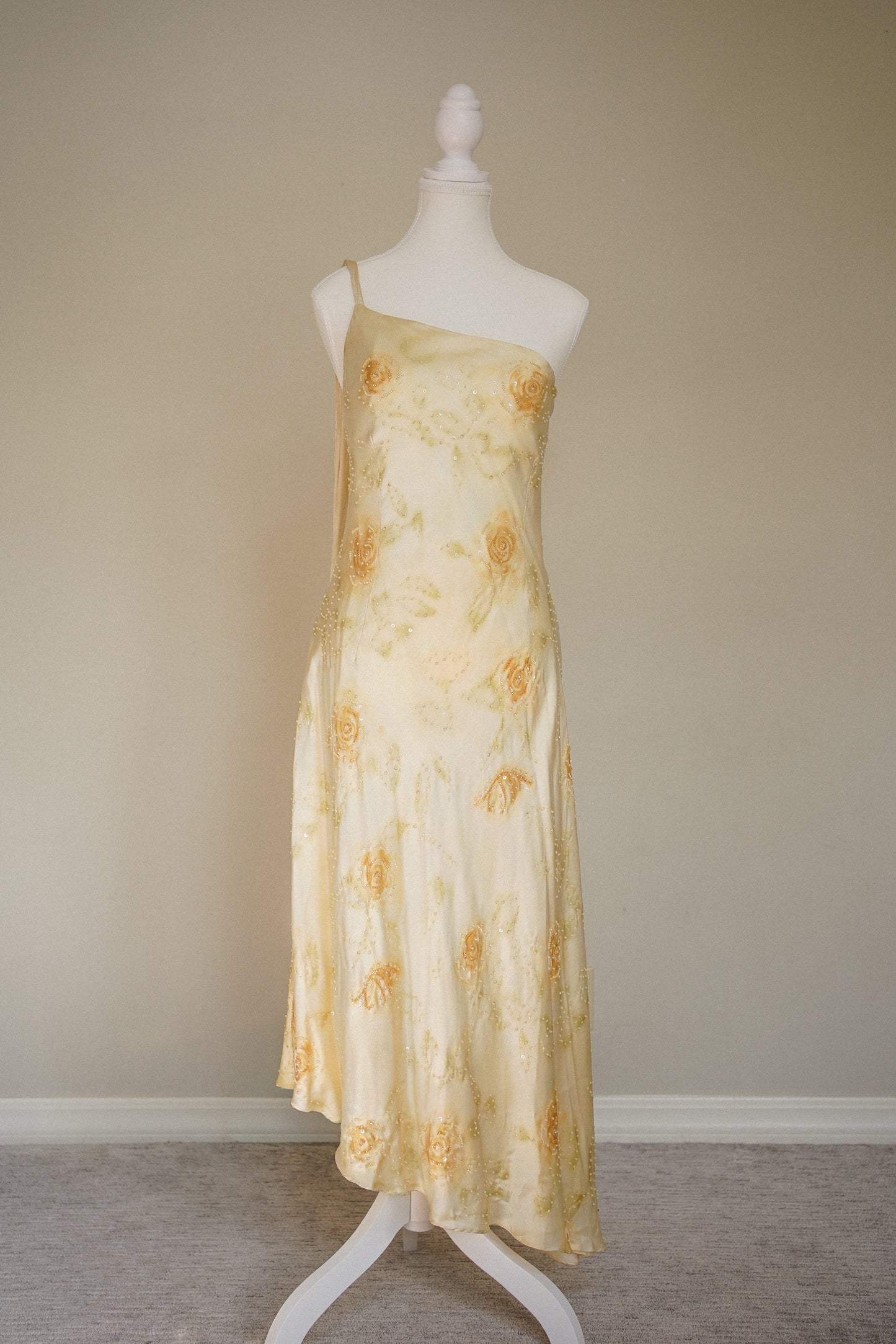 Bob Mackie Yellow Silk Floral Beaded Dress