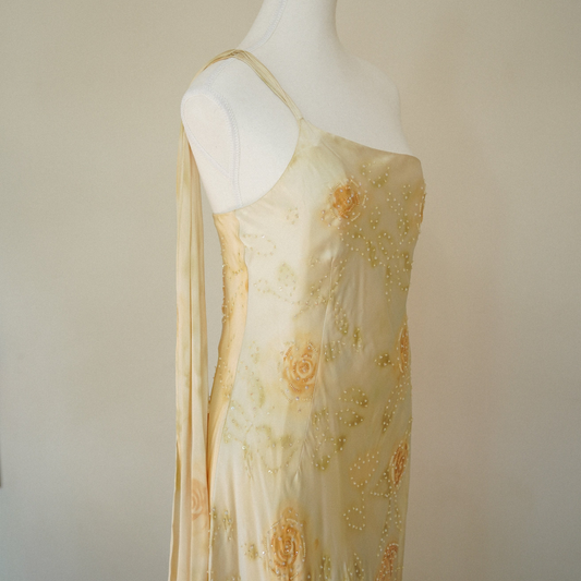 Bob Mackie Yellow Silk Floral Beaded Dress