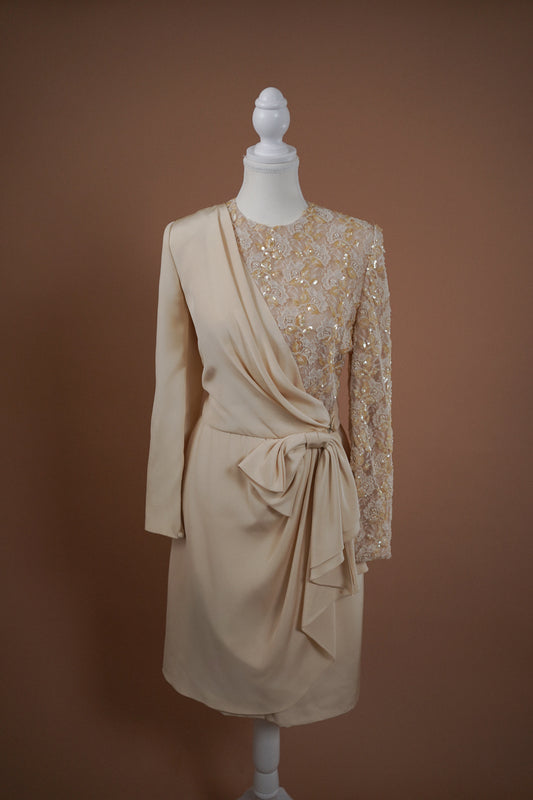 Vintage Carolina Herrera Dress — Full front view of the ivory dress with draped and embellished panels