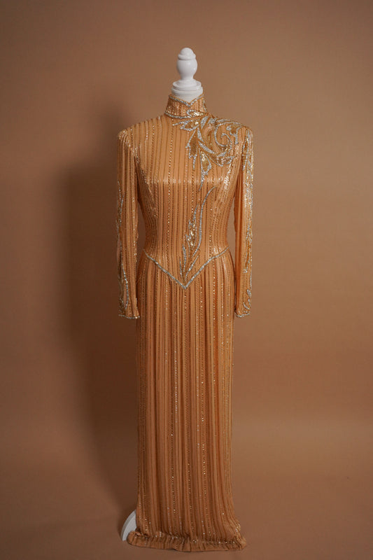 1980's Vintage Beaded Bob Mackie Gown — Full front view of the long-sleeved gold beaded gown