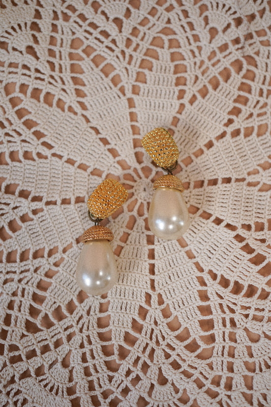 Vintage Oversized Faux Pearl Drop Clip-On Earrings — Pair of faux pearl drop earrings on lace