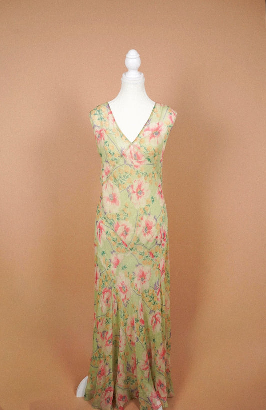Full front view of Ralph Lauren pale green floral silk dress