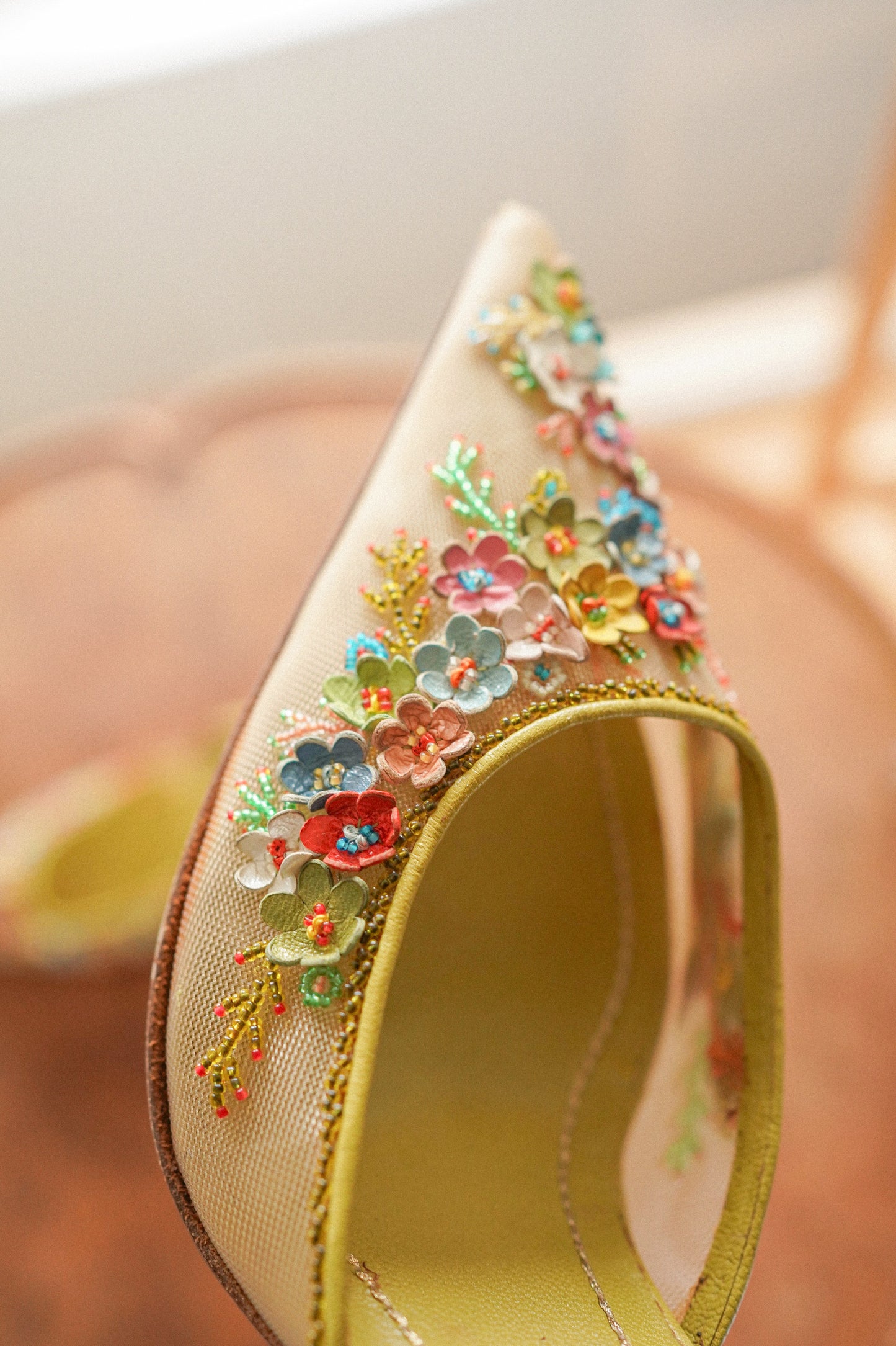 René Caovilla Floral Appliqué Embroidered Slingback Heels (38)