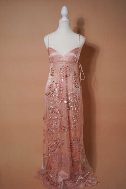 Valentino 00’s Pink Sequin Embellished Evening Gown — Full front view of the pink embellished gown