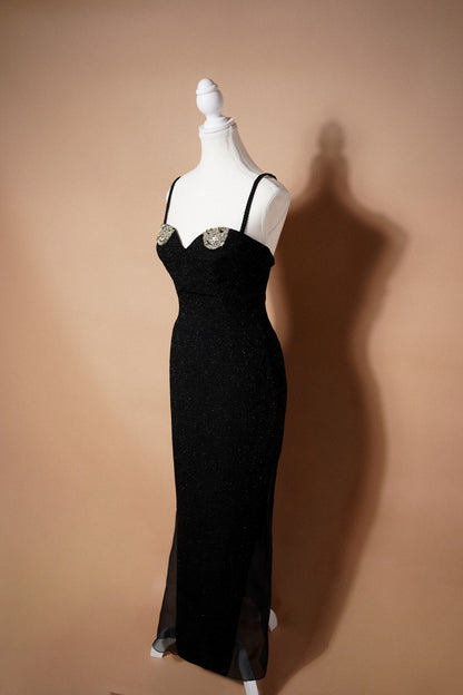Christian Dior Boutique FW 1995 Runway Black Embellished Evening Gown — Full front view of the black embellished gown
