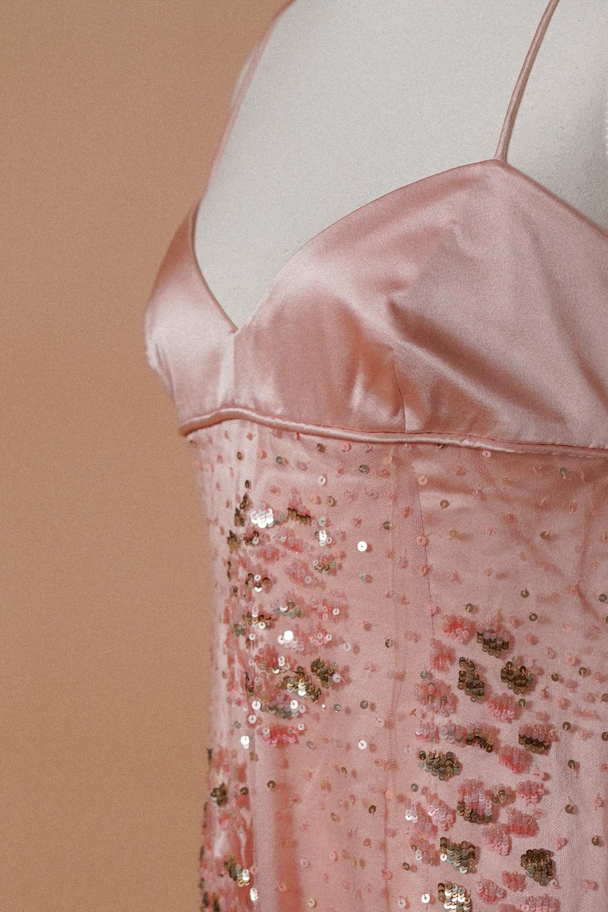Valentino 00’s Pink Sequin Embellished Evening Gown — Close-up of the satin bust panel and sequin trim