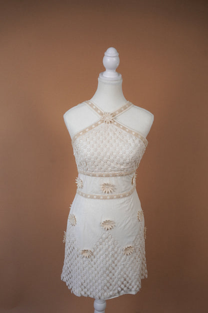 Moschino Cheap and Chic Ivory Floral Crochet Daisy Mini Dress — Full front view of the ivory crochet mini dress