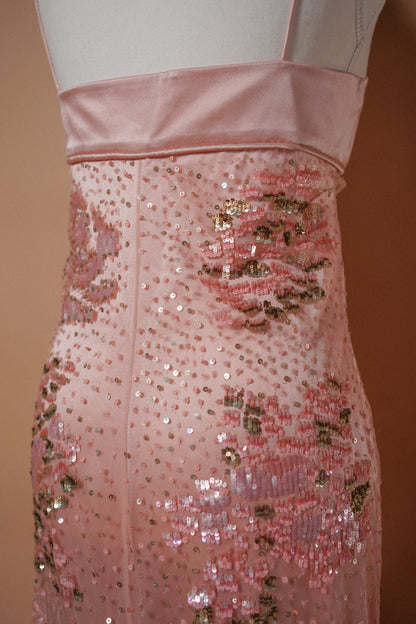 Valentino 00’s Pink Sequin Embellished Evening Gown — Detail of sequins and beads on the back skirt