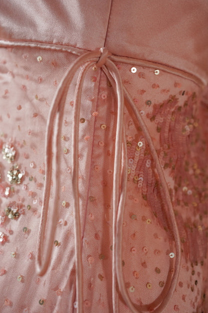 Valentino 00’s Pink Sequin Embellished Evening Gown — Close-up of the tied waist detail