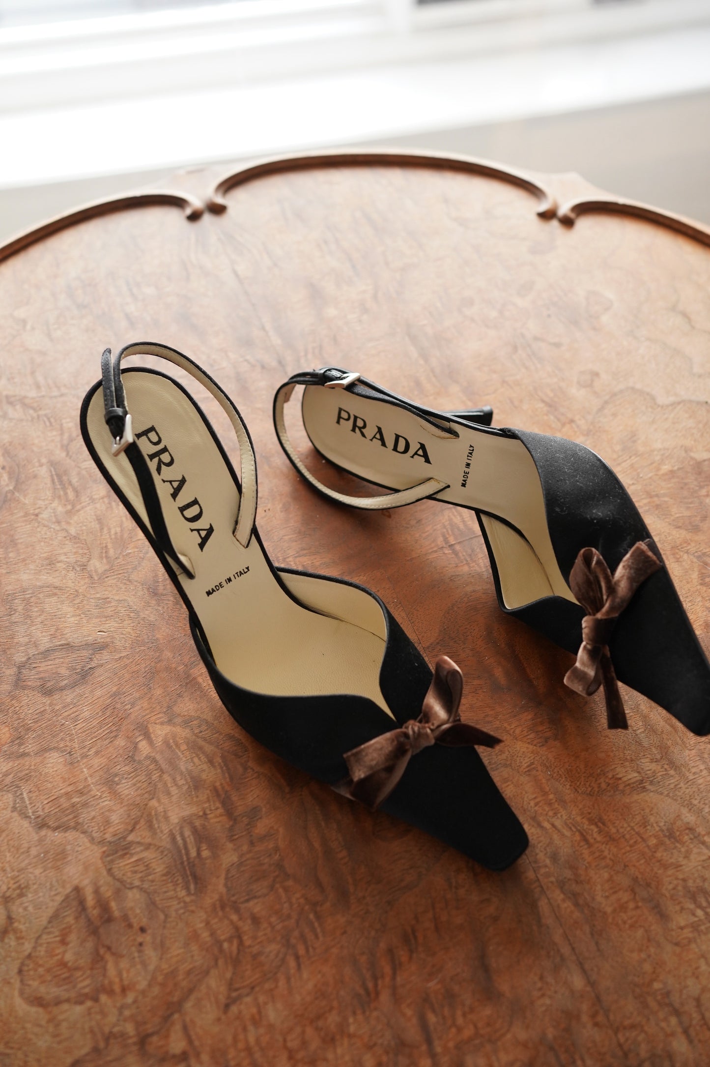 Prada Black Satin Bow Slingback Heels (36)
