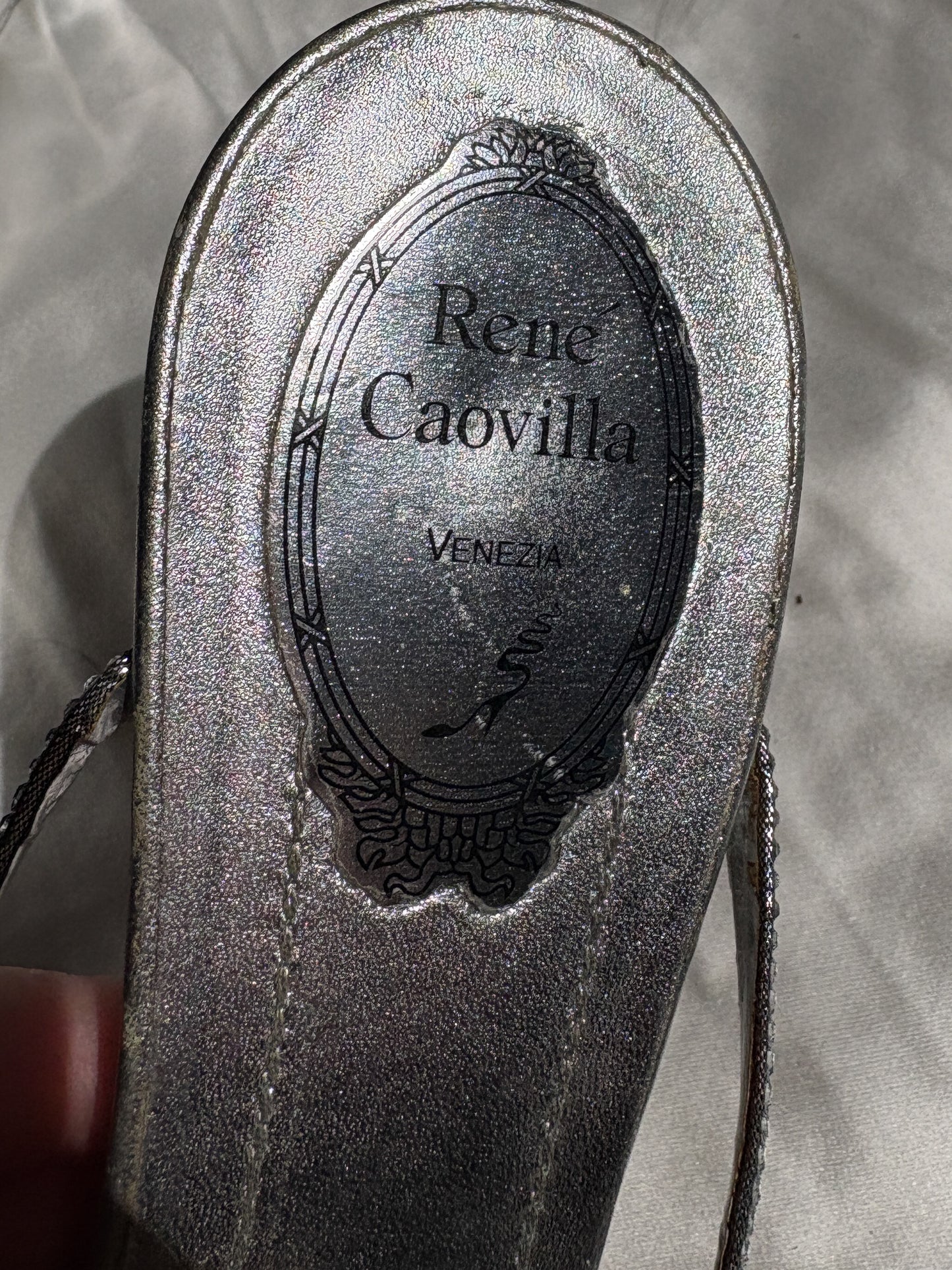 René Caovilla Silver Crystal Strap Mules (39.5)