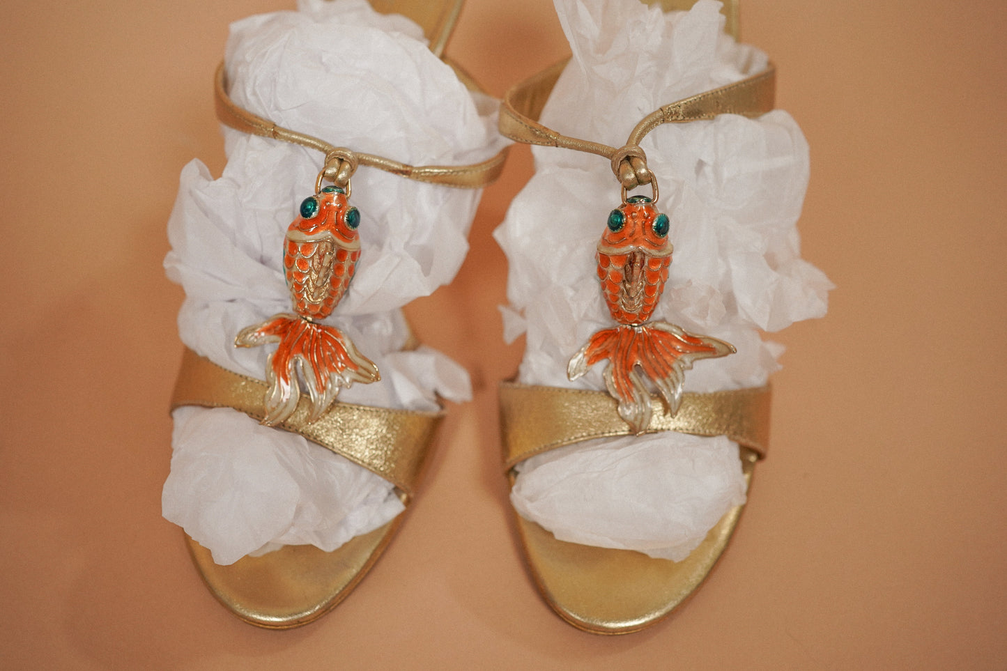 CELINE Goldfish Charm Metallic Leather Heeled Sandals (35.5)