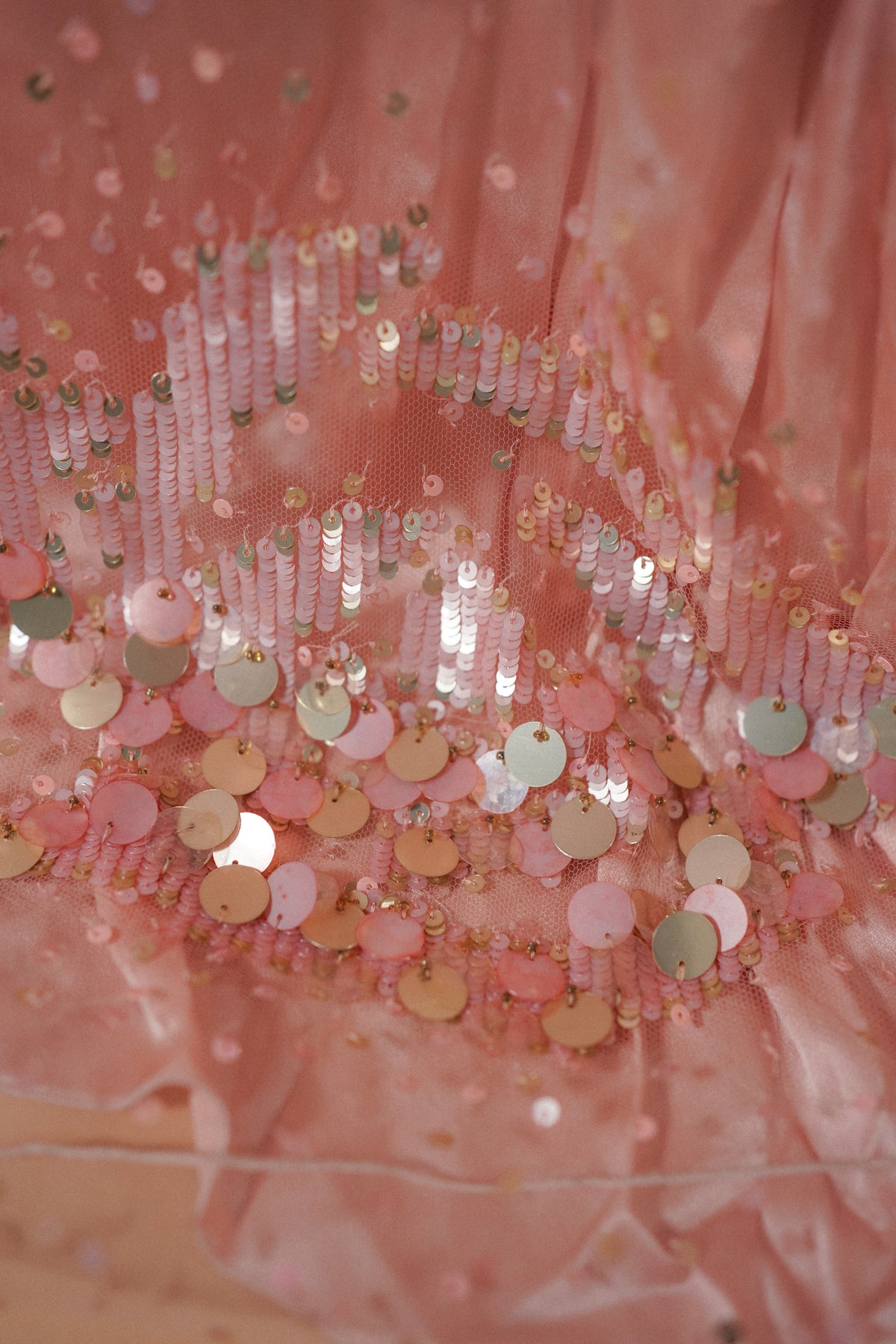 Valentino 00’s Pink Sequin Embellished Evening Gown — Close-up of overlapping iridescent sequins
