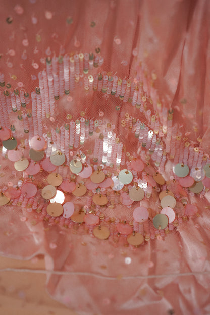 Valentino 00’s Pink Sequin Embellished Evening Gown — Close-up of overlapping iridescent sequins