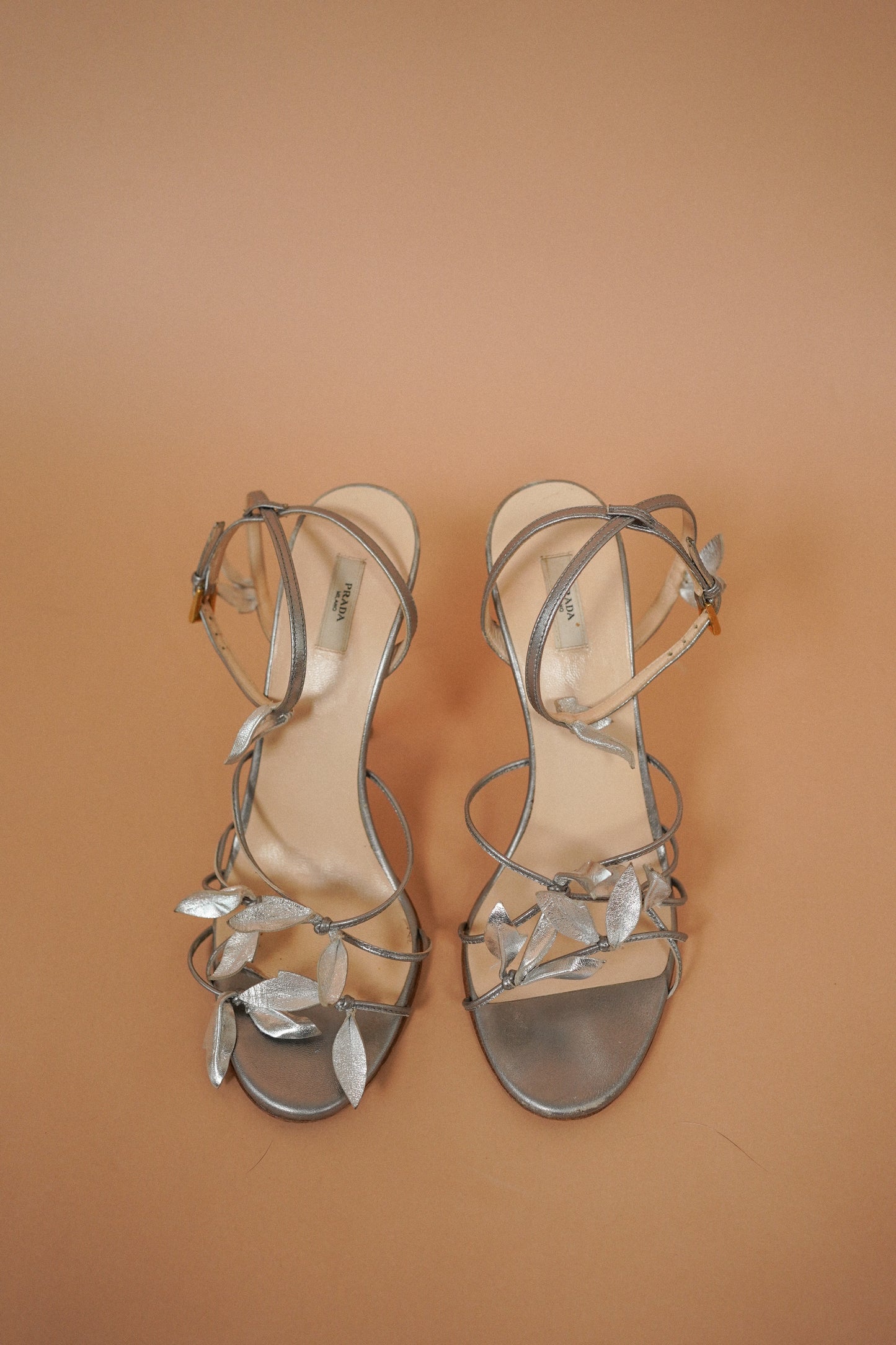 Prada Silver Leaf Embellished Strappy Heels (38)