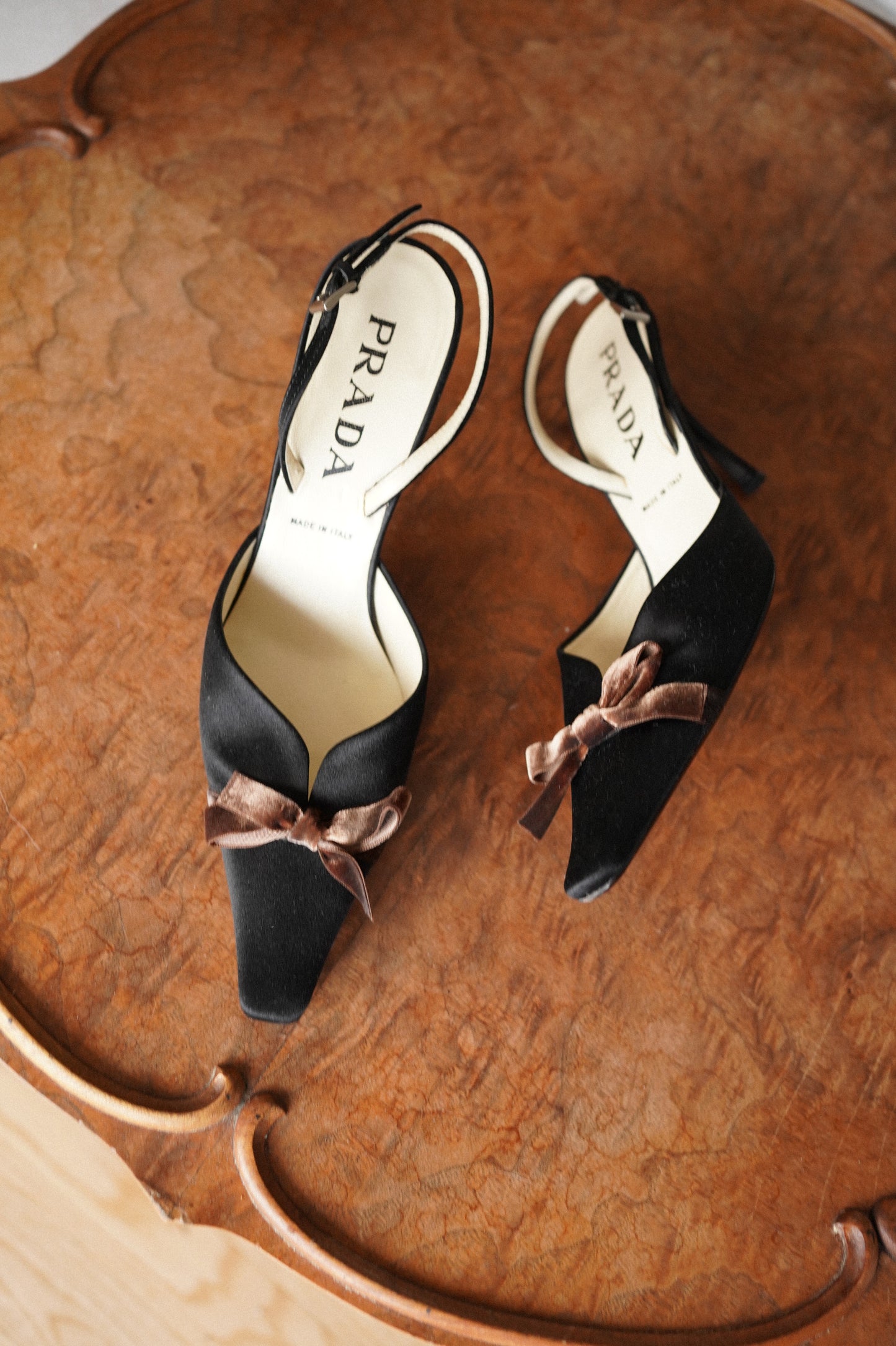 Prada Black Satin Bow Slingback Heels (36)