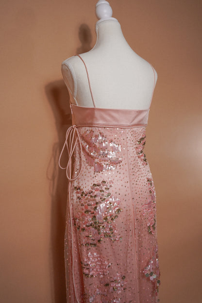 Valentino 00’s Pink Sequin Embellished Evening Gown — Angled back view of the gown