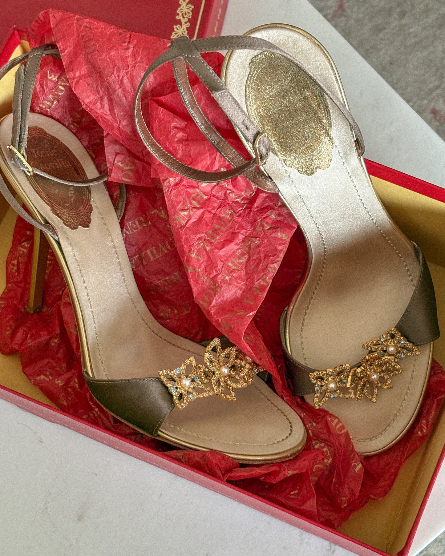 René Caovilla Crystal Embellished Flower Satin Ankle Strap Heels (38)