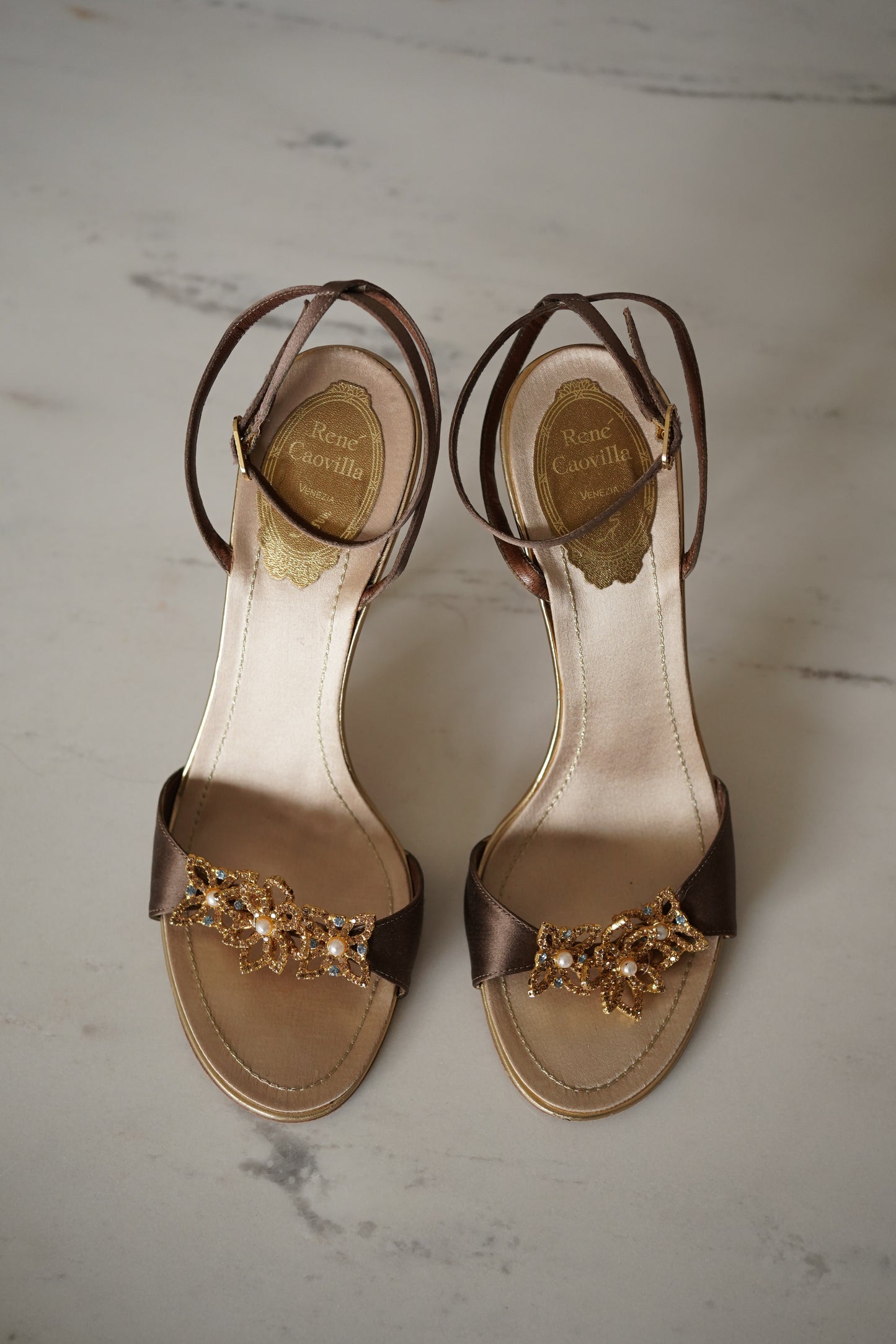 René Caovilla Crystal Embellished Flower Satin Ankle Strap Heels (38)