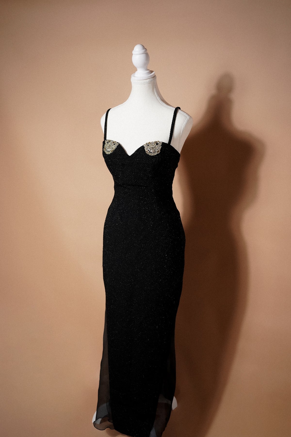 Christian Dior Boutique FW 1995 Runway Black Embellished Evening Gown — Angled front view of the gown