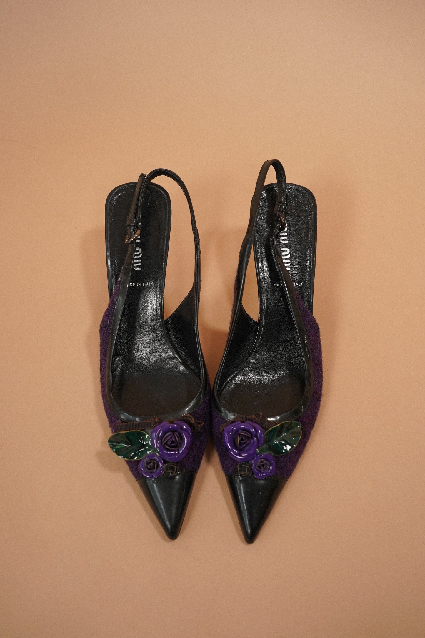 MIU MIU Floral Appliqué Tweed Slingback Heels (37)