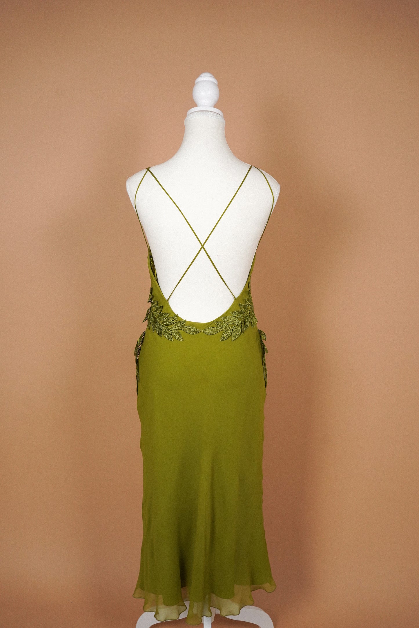 Alberta Ferretti Olive Green Silk Leaf Appliqué Slip Dress (M)