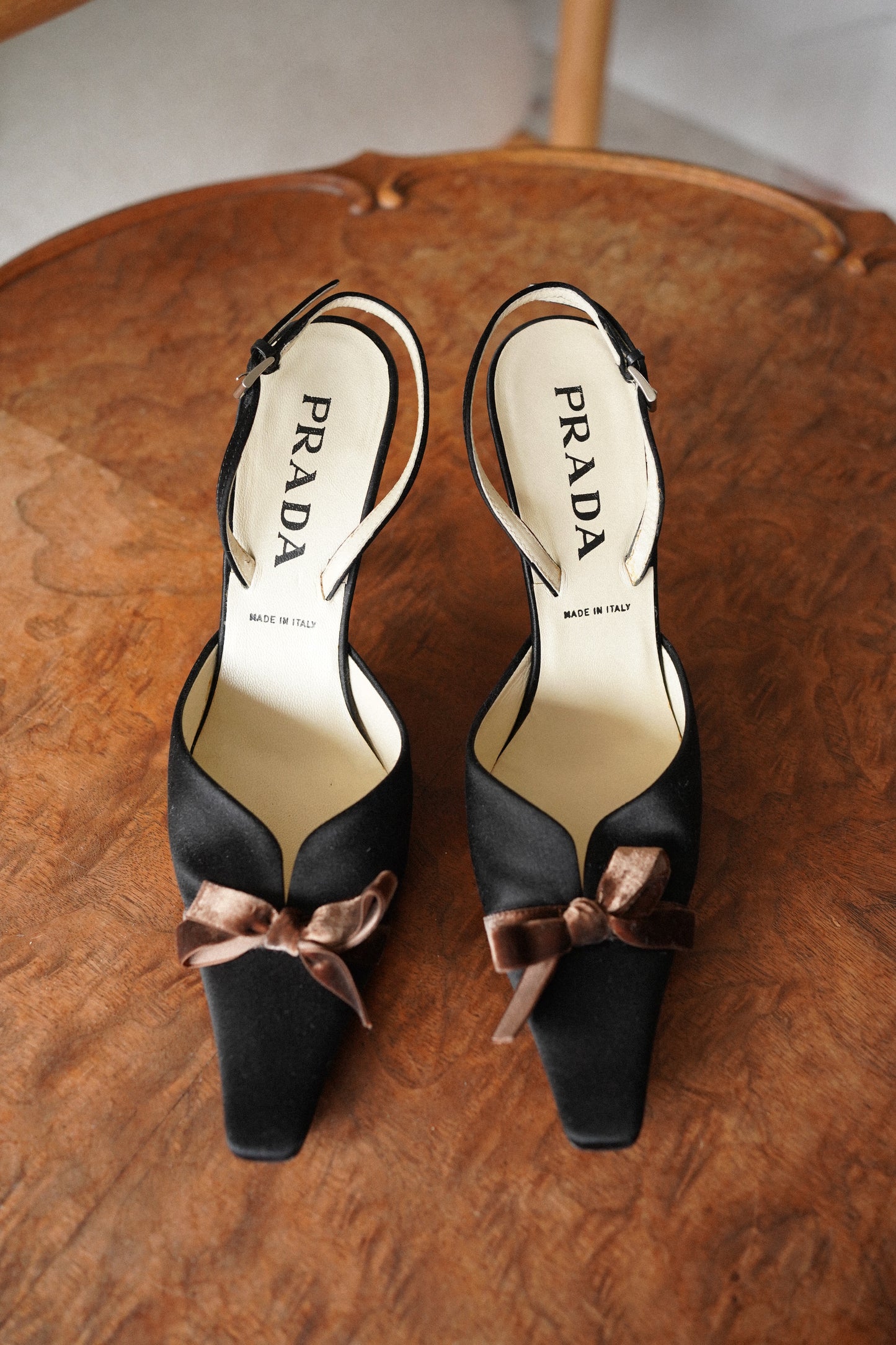 Prada Black Satin Bow Slingback Heels (36)
