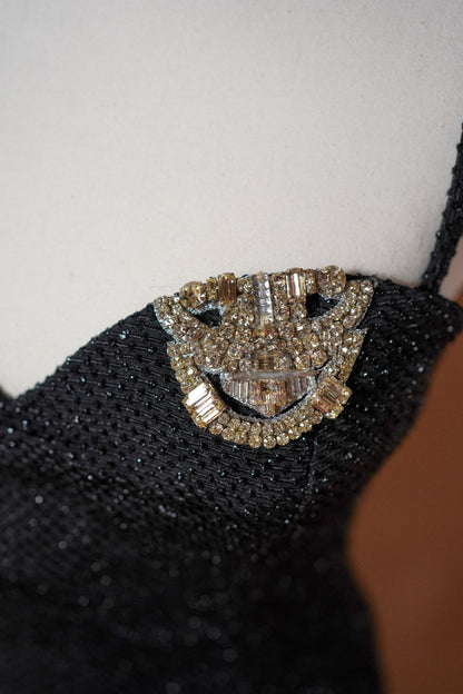 Christian Dior Boutique FW 1995 Runway Black Embellished Evening Gown — Close-up of a crystal neckline motif