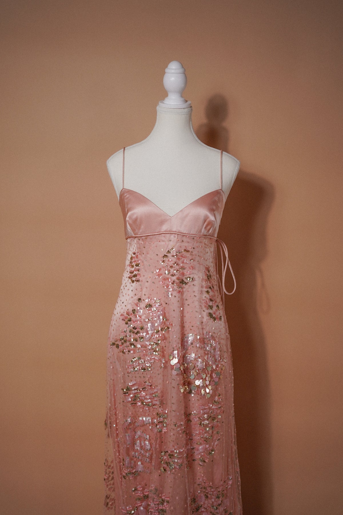 Valentino 00’s Pink Sequin Embellished Evening Gown — Angled front view of the gown