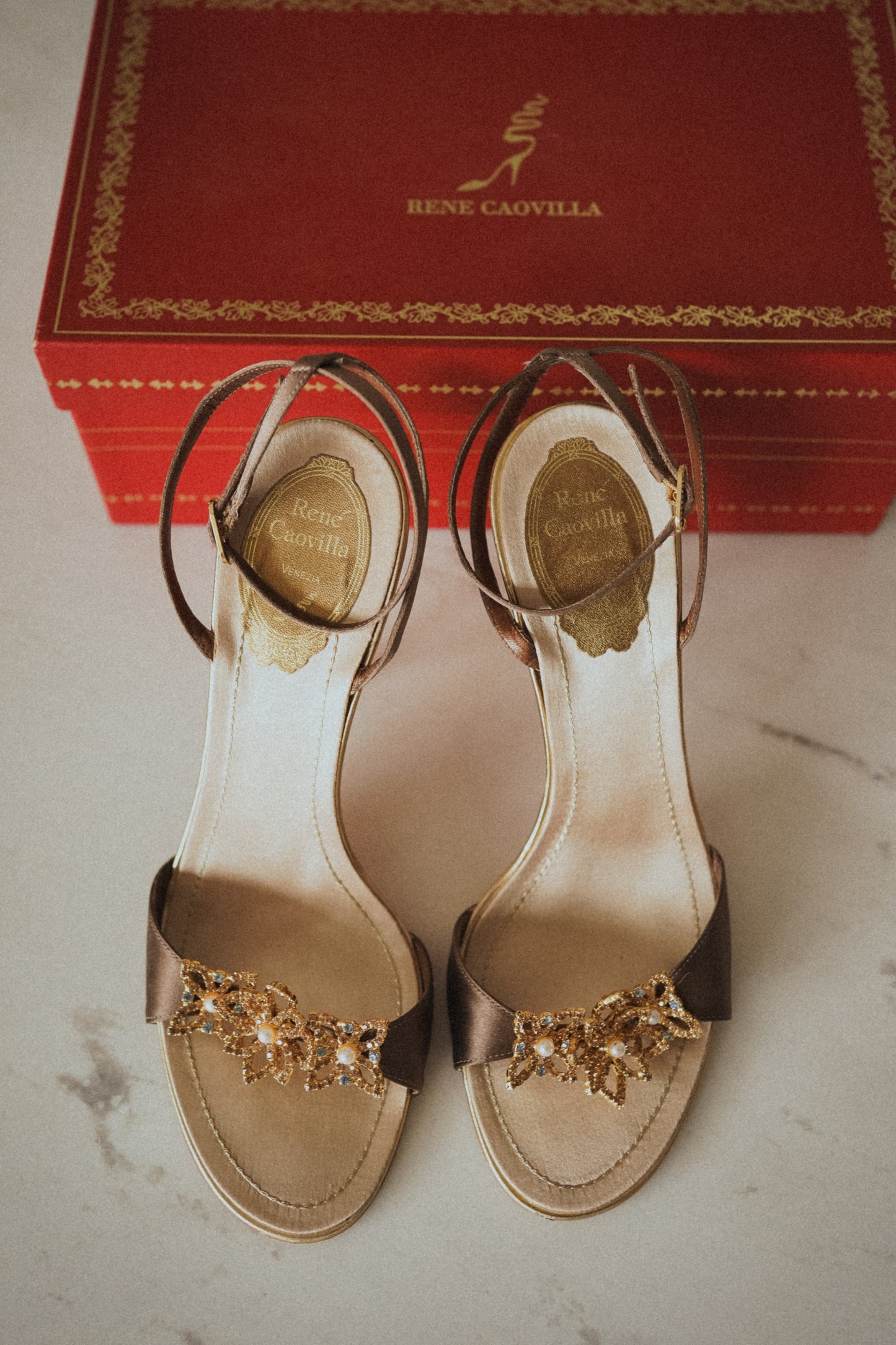 René Caovilla Crystal Embellished Flower Satin Ankle Strap Heels (38)