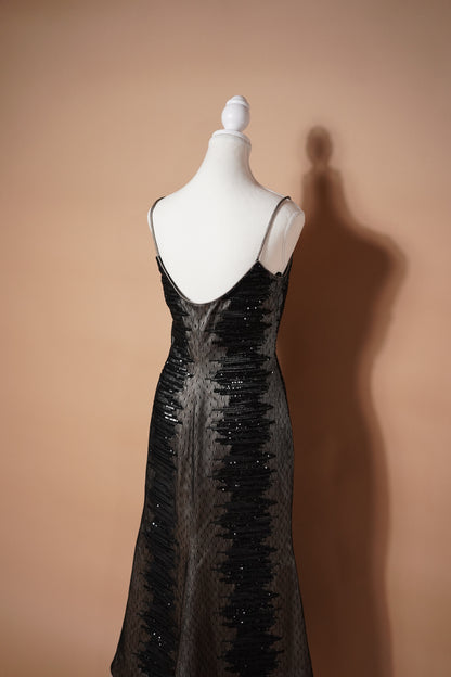 Giorgio Armani FW 1999 Runway Black Sequin Evening Gown — Angled back view of the gown