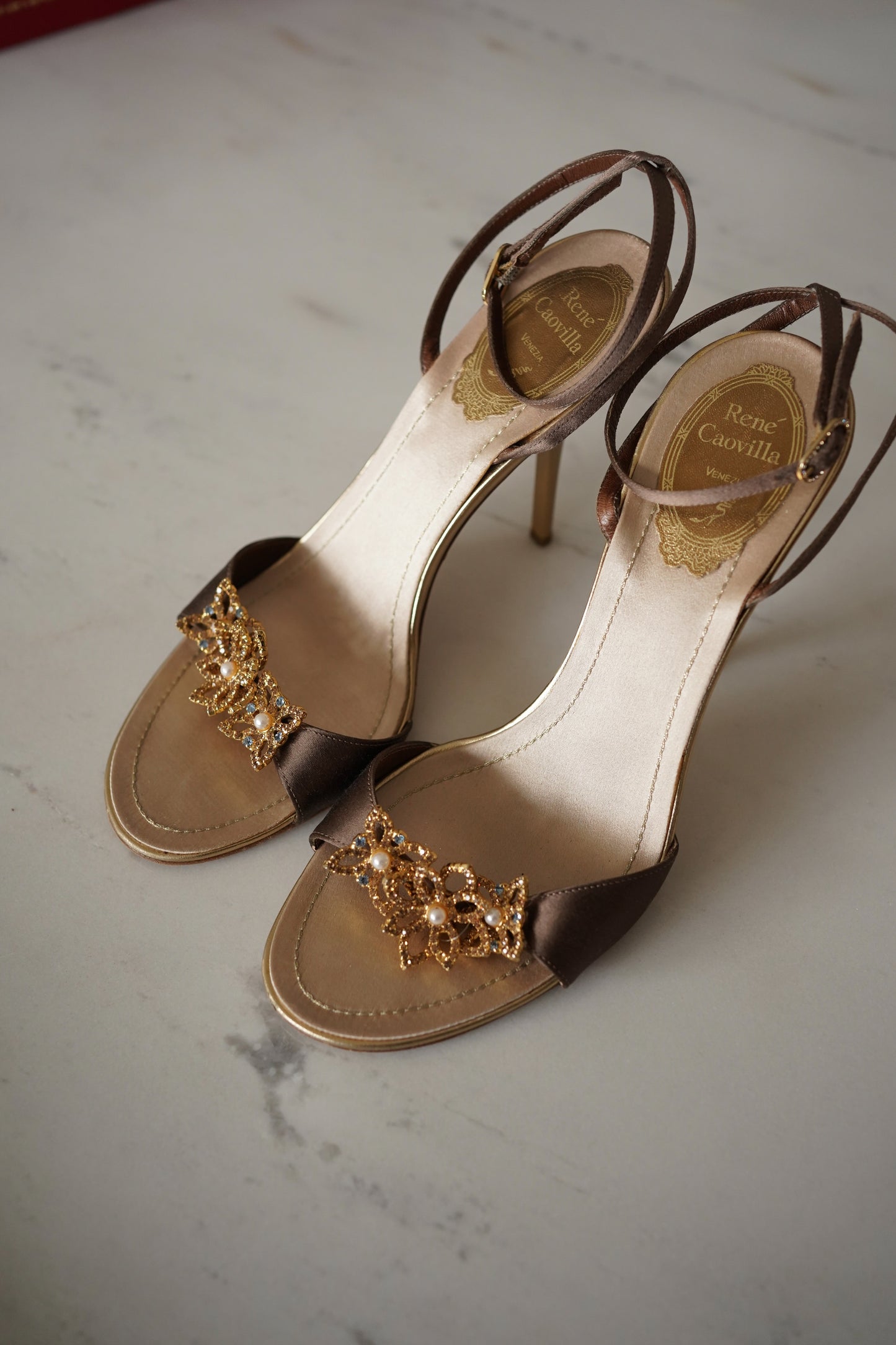 René Caovilla Crystal Embellished Flower Satin Ankle Strap Heels (38)