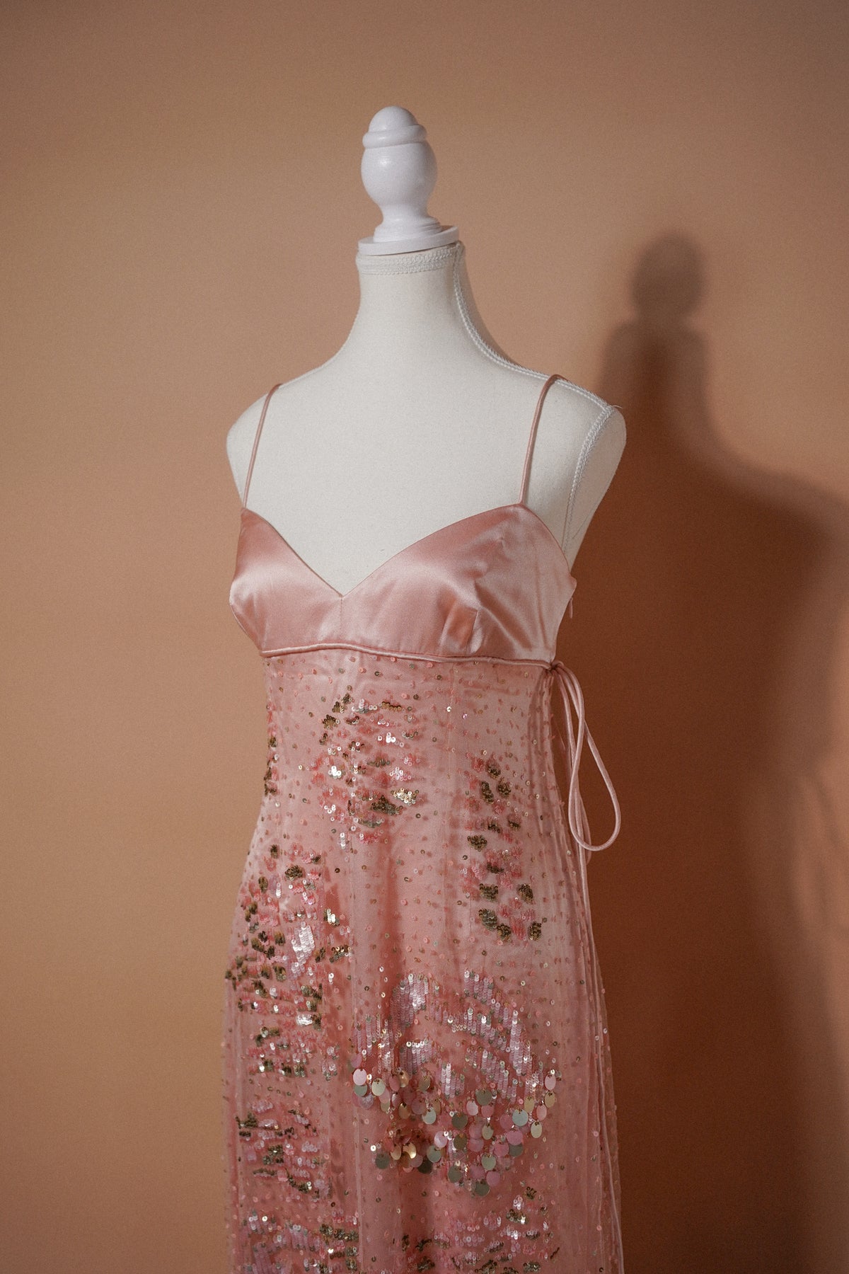 Valentino 00’s Pink Sequin Embellished Evening Gown — Close-up of the satin bodice and embellished skirt