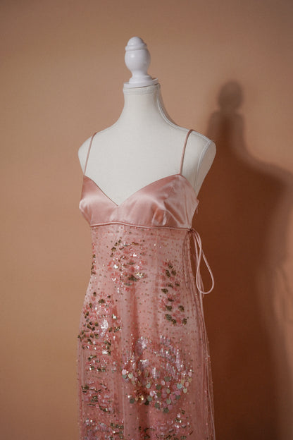 Valentino 00’s Pink Sequin Embellished Evening Gown — Close-up of the satin bodice and embellished skirt
